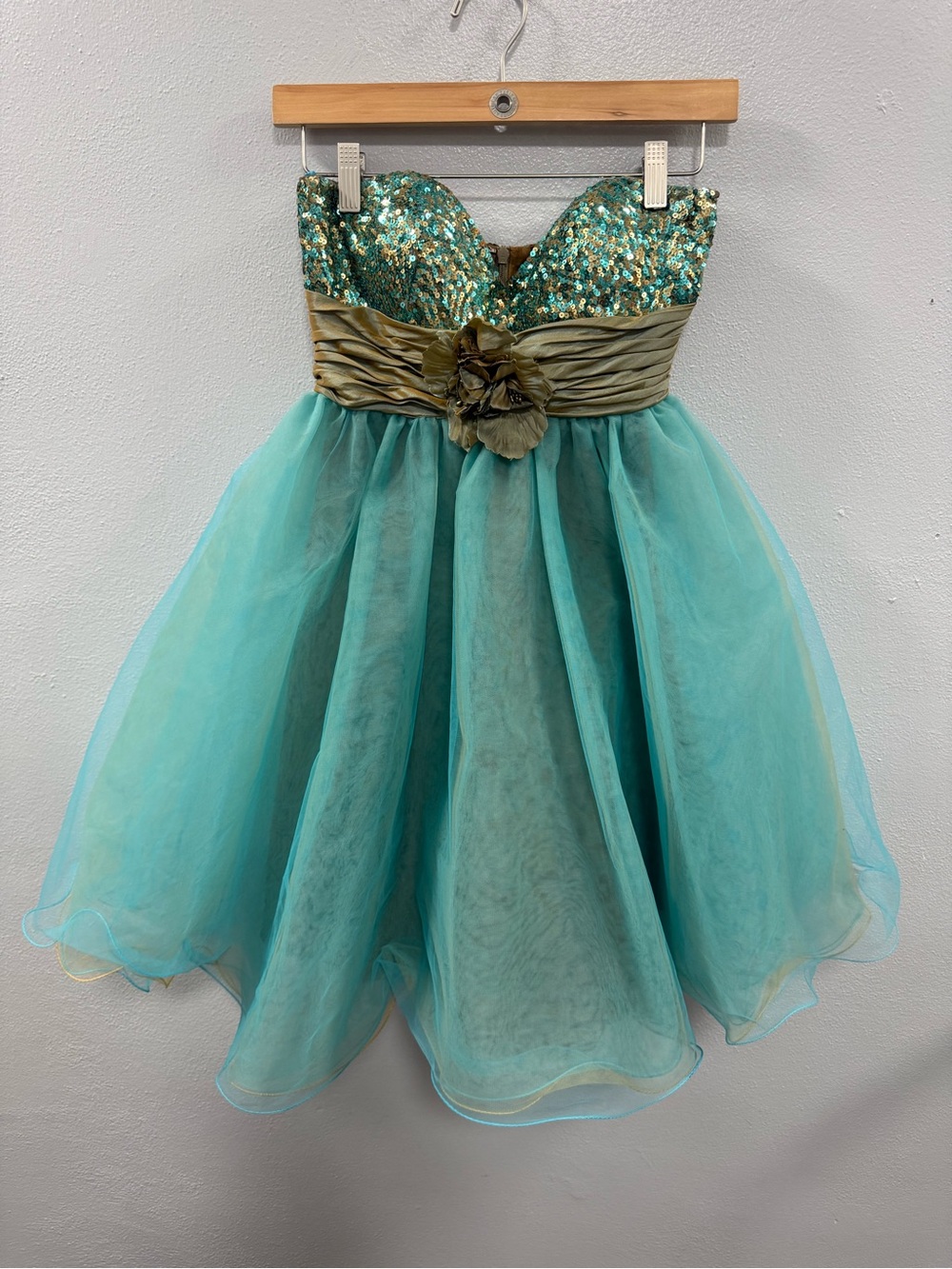 May Queen Teal Sequin Bodice Tulle Cocktail Dress with Gold Waist Flower
